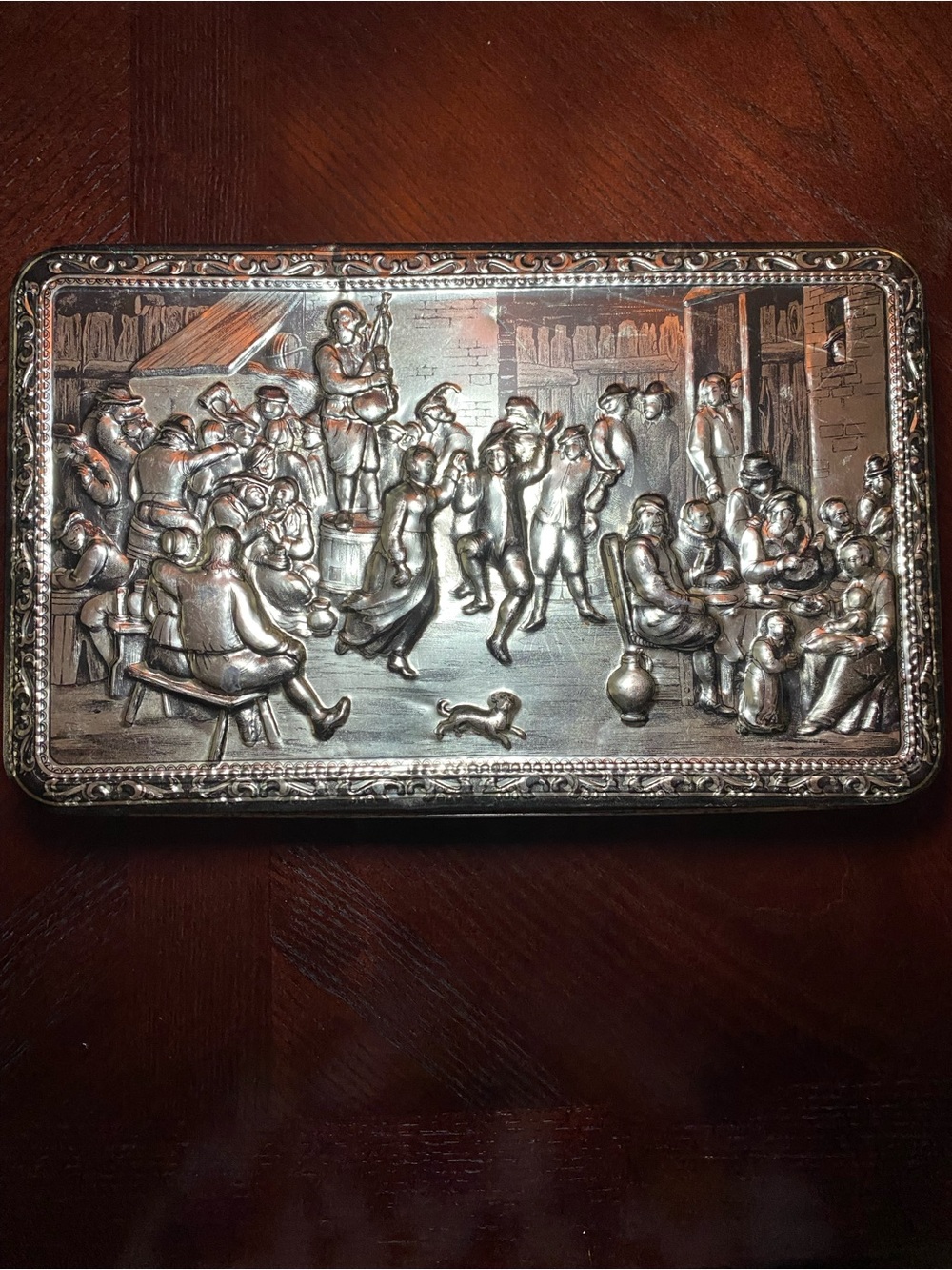 Vintage Teniers Biscuit Box made in Belgium. 3D Silver-tone Tavern scene on lid